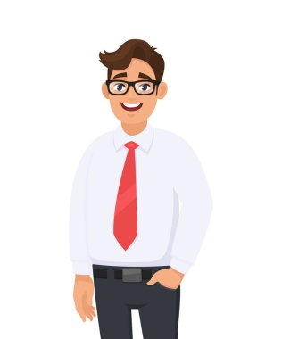 Portre pantolon'ın cebinde, karşı beyaz arka plan ayakta beyaz gömlek ve kırmızı kravat genç bir işadamı, el. İnsan duyguları ve işadamı kavramı illüstrasyon vektör düz stil çizgi film.