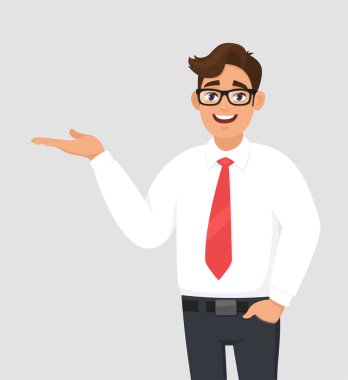 Alan tarafta, kopyalamak için gösteren işaret/el iş adamı portresi pantolon'ın cebinde, reklam ürün el ya da bir şey tanıtmak. Adam sunan jest veya işareti gösterir. Çizgi film illüstrasyon vektör tarzı.