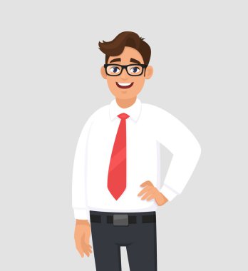 Beyaz gömlek ve kırmızı kravat gri/gri arka plan üzerinde duran, kendinden emin yakışıklı genç işadamı portresi. İnsan duyguları ve işadamı kavramı illüstrasyon vektör düz stil çizgi film.