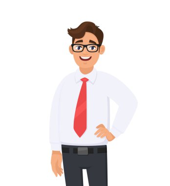 Beyaz gömlek ve kırmızı kravat, beyaz arka planı ayakta emin yakışıklı genç işadamı portresi. İnsan duyguları ve işadamı kavramı illüstrasyon vektör düz stil çizgi film.