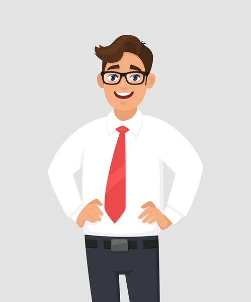グレー 灰色の背景に対して立っている腰に手を保持している白いシャツ 赤いネクタイで青年実業家の肖像画 人間の感情やベクトルで実業家のコンセプト イラスト漫画フラット スタイル — ストックベクタ