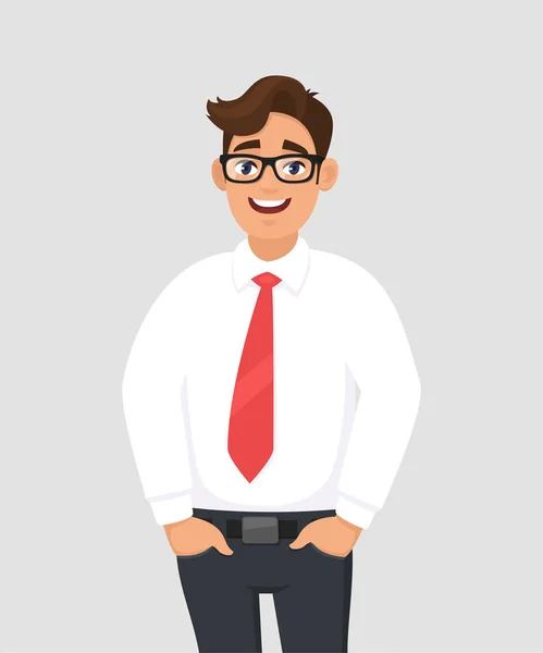 Portrait Young Businessman White Shirt Red Tie Hands Pant Pocket — Stock Vector