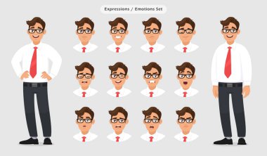 Erkek farklı yüz ifadeleri kümesi. Dostum emoji karakter çeşitli yüz tepki/duygu, resmi elbise, kravat ve gözlük takıyor. İnsani duygular konsept illüstrasyon gri/gri arka planda.