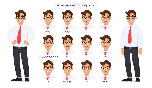 Lippensynchronisation und Soundaussprache für die sprechende / sprechende Animation des männlichen Charakters. Satz des Mundes Animation Aussprechen von Wörtern für stehende Geschäftsmann posiert in weißem Hintergrund. — Stockvektor