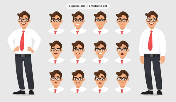 男性顔の表情のセットです。男は様々 な絵文字文字顔反応/感情、フォーマル ドレス、ネクタイ、眼鏡を身に着けています。グレー/灰色の背景に人間の感情の概念図. — ストックベクタ