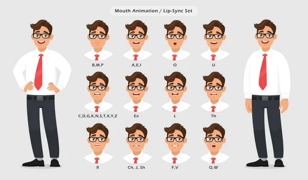 Collection de synchronisation des lèvres et prononciation sonore pour l'animation parlante / parlante du personnage masculin. Ensemble de l'animation de la bouche prononçant des mots pour debout homme d'affaires pose en fond gris / gris . — Image vectorielle