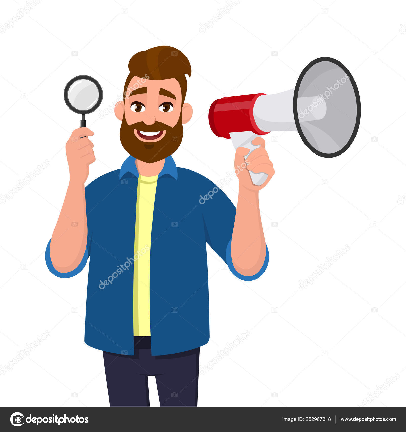 Joyeux Jeune Homme Barbu Montrant Tenant Loupe Et Megaphone Haut Parleur Pour Annoncer Des Nouvelles Rechercher