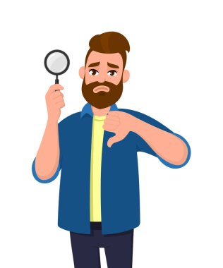 Büyüteç tutarak ve mimik mutsuz genç adam işareti başparmak. Sorun yok, kötü, katılmıyorum, ara, bul, keşif, analiz, inceleme, soruşturma konsept illüstrasyon karikatür düz tarzı.