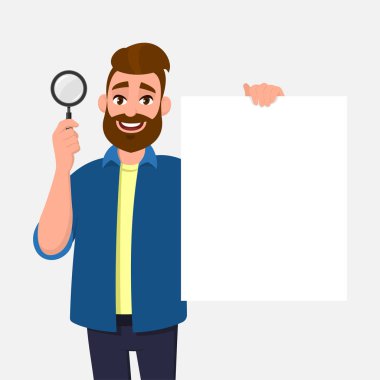 Sakallı yakışıklı genç gösteren/holding Büyüteç ve boş/boş poster, kağıt veya levha elinde. Ara, bul, keşif, analiz, inceleme, soruşturma konsept illüstrasyon karikatür.