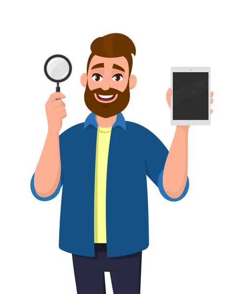 Cheerful bearded young man showing/holding magnifying glass and empty/blank screen tablet computer PC in hand. Search, find, discovery, analyze, inspect, investigation concept illustration in cartoon. — Stock Vector