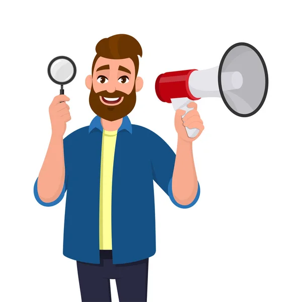 Happy bearded young man showing/holding magnifying glass and megaphone/loudspeaker for announcing news. Search, find, discovery, analyze, inspect, investigation concept illustration in cartoon style. — Stock Vector