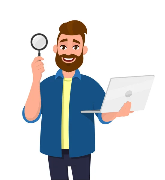 Smart bearded young man showing/holding magnifying glass and laptop computer in hand. Search, find, discovery, analyze, inspect, investigation concept illustration in vector cartoon flat style. — Stock Vector