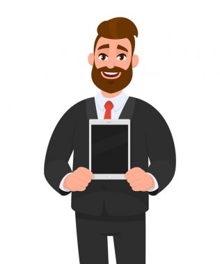 Mutlu genç sakallı iş adamı gösteren / elinde yeni dijital tablet bilgisayar boş ekran tutarak. Karikatürmodern teknoloji, en son trendler, dijital gadget ve cihaz kavramı illüstrasyon.