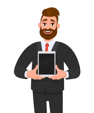 Çıkan genç sakallı iş adamı elinde yeni dijital tablet bilgisayar boş ekran gösteren / tutarak. Karikatürmodern, en son trend, dijital teknoloji, gadget ve cihaz kavramı illüstrasyon.
