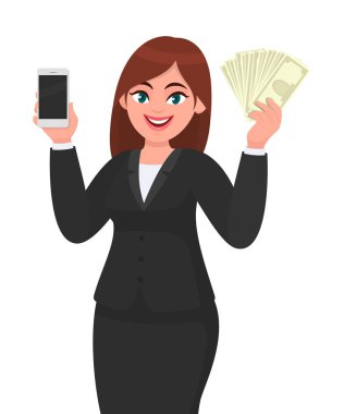 Yeni cep telefonu, cep telefonu, akıllı telefon ve nakit/para/para/döviz bankacılığı notları gösteren/tutan profesyonel genç iş kadını. Modern teknoloji, en son trendler, karikatür tarzında dijital gadget ve cihaz konsepti.