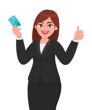Happy, professional business woman showing/holding credit/debit/ATM banking card and gesturing/making thumbs up sign. Good, like, deal, agree, positive concept in cartoon. Modern lifestyle.
