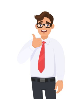 Mutlu genç iş adamı gösteren / işaret kadar gesturing başparmak, resmi giyim ve kırmızı renk kravat giymiş. İnsan duyguları, yüz ifadeleri vektör karikatür tarzında kavram illüstrasyon duygu.