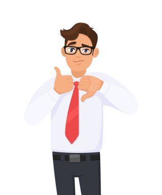 Genç adam işaret / işaret gösteriyor / işaret yapıyor / baş parmak yapıyor ve işaret / sembolü parmakla gösteriyor. Resmi elbiseli ve kırmızı kravatlı bir adam. İşadamı iyi-kötü, hoşlanmama işareti yapıyor. Evet ya da hayır arasındaki kararsız kişi.