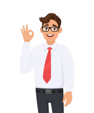 Neşeli bir genç iş adamı portre gösteren / gesturing / el ve parmaklar ile tamam veya ok işareti yapma. Vektör karikatür tarzında insan duyguları, yüz ifadeleri, duygu kavramı illüstrasyon.