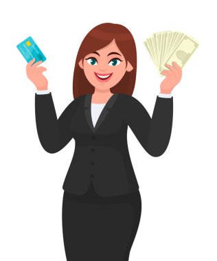 Elinde kredi/banka/ATm bankacılık kartı ve nakit/para/döviz banknotları gösteren/tutan profesyonel genç iş kadını. Karikatür modern yaşam tarzı, dijital ödeme teknolojisi kavramı illüstrasyon.