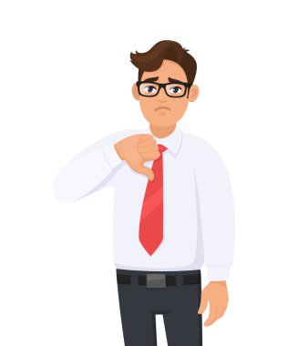 Mutsuz, genç yakışıklı adam gösteren / işaret aşağı başparmak gesturing. Kötü, sevmemek, katılmıyorum, onaylamamak, olumsuz insan duyguları, yüz ifadeleri, vektör karikatür tarzında duygu kavramı illüstrasyon.