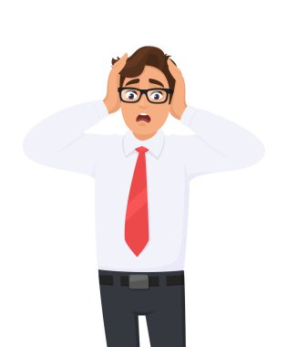Shocked/amazed young business man holding hands on head and keeping mouth open. Headache pain or stress. Human emotion, facial expression, feeling concept illustration in vector cartoon style. Modern lifestyle. clipart