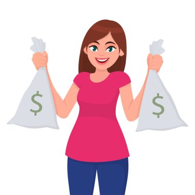 Güzel genç kız, kadın veya kadın tutan / gösteren para, nakit veya döviz notları dolar işareti ile çanta. Karikatür başarılı iş ve finans, modern zengin yaşam tarzı kavramı illüstrasyon.