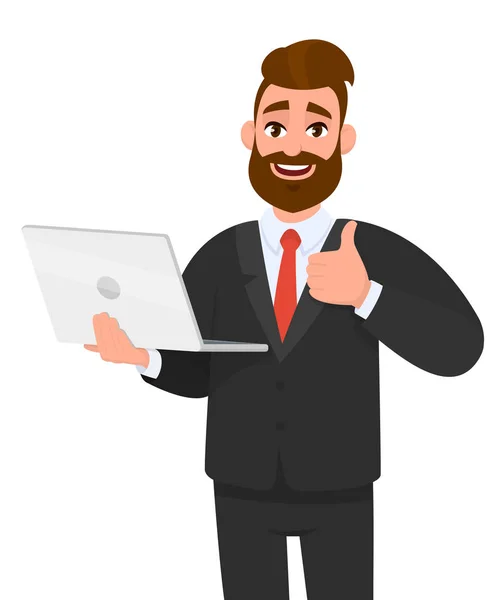 Happy young bearded business man holding / showing a latest new laptop and gesturing / making thumbs up sign with hand fingers. Хорошие, позитивные, современные технологии, цифровые устройства / гаджет концепции . — стоковый вектор