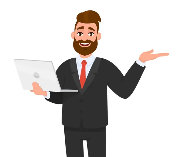 Happy young bearded business man holding / showing a latest new laptop and gesturing, showing, pointing or presenting something to empty copy space side away with hand. Teknologi modern, konsep perangkat digital ilustrasi dalam gaya kartun vektor . - Stok Vektor