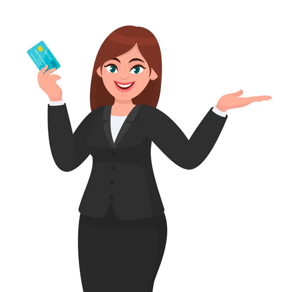 Professional young business woman showing / holding credit / debit / ATM banking card and gesturing hand to copy space side away, presenting / introducing something. Современная цифровая оплата в мультфильме . — стоковый вектор