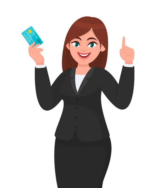 Professionele jonge zakelijke vrouw tonen/Holding credit/debet/ATM bankkaart en wijzende hand vinger omhoog. Moderne lifestyle, nieuwste trend, digitale technologie betaling concept illustratie in Cartoon. — Stockvector