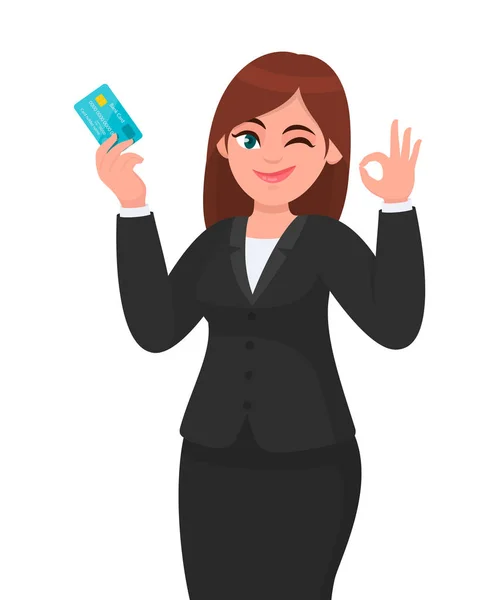 Professional business woman showing / holding credit / debit / ATM banking card and gesturing / making okay / ok sign, while winking eye. Хорошее, вроде, дело, согласитесь, позитивное понятие в мультфильме. Современный стиль . — стоковый вектор