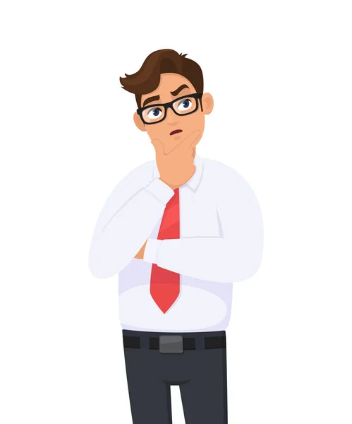 Doordachte jonge Business man denkt met gekruiste arm, vasthouden van de hand op kin en dagdromen tijdens het opzoeken. Menselijke emotie, gezichtsuitdrukking, gevoel concept illustratie in vector cartoon stijl. — Stockvector