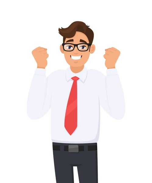 Happy and excited young business man celebrating victory expressing success, power, energy and positive emotions.  Person is clenching his fists. Successful man raised hand fists. Cartoon style.
