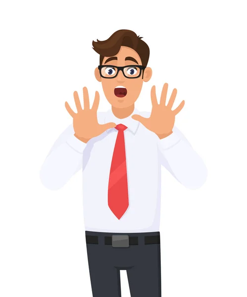 Young business man shocked, afraid, scared, and terrified with fear expression while opened mouth, stop gesture with palm hands, shouting. Human emotions, expressions concept illustration in cartoon.