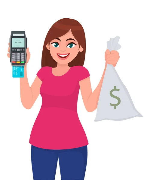 Young woman showing/holding credit, debit, ATM card swiping machine,  POS payment terminal and cash, money, currency notes bag in hand. Modern digital lifestyle concept illustration in cartoon style. — 스톡 벡터