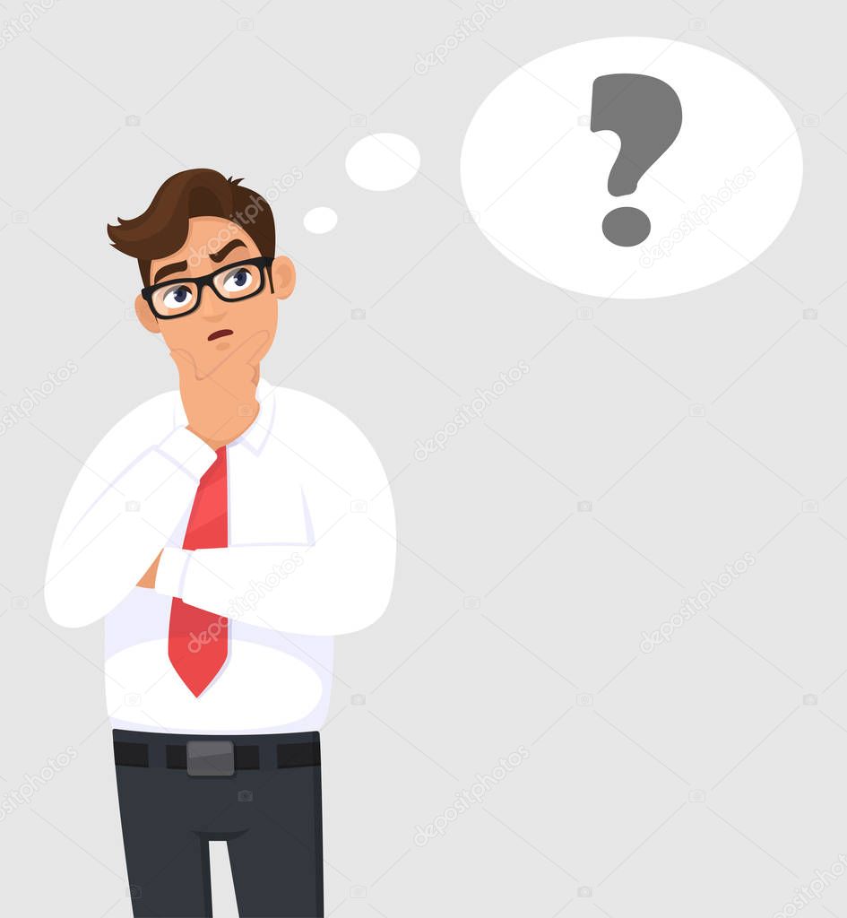 Thoughtful young business man is thinking and looking up. Question mark in the thought bubble. Human emotion, facial expression, feeling concept illustration in vector cartoon style. Modern lifestyle.