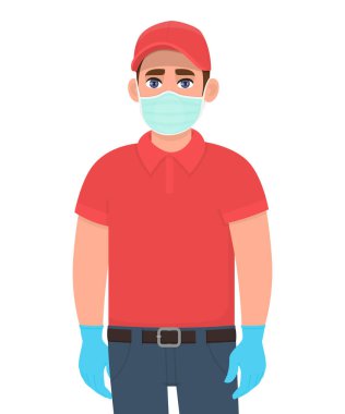 Güvenlik koruyucu maske ve eldiven takan kurye ya da teslimatçı. Karantina sırasında çevrimiçi dağıtım ya da paket servisi. Corona virüsü salgını. Üniformalı ve şapkalı biri. Vektör illüstrasyonu