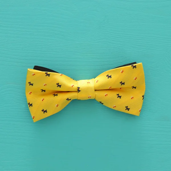 Top View Yellow Male Bowtie Blue Wooden Background — Stock Photo, Image