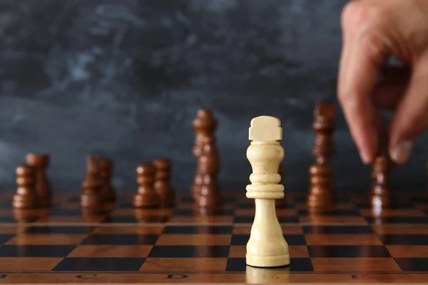 Image Businessman Hand Moving Chess Figure Chess Board Business Competition — Stock Photo, Image