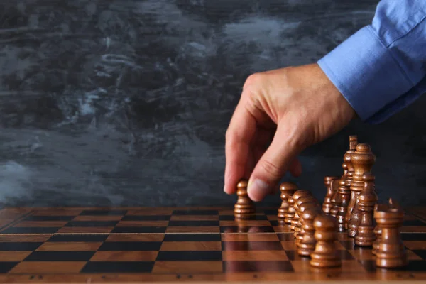 Image Businessman Hand Moving Chess Figure Chess Board Business Competition — Stock Photo, Image