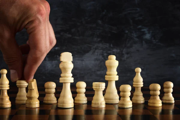 Image Businessman Hand Moving Chess Figure Chess Board Business Competition — Stock Photo, Image