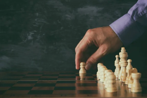 Image Businessman Hand Moving Chess Figure Chess Board Business Competition — Stock Photo, Image