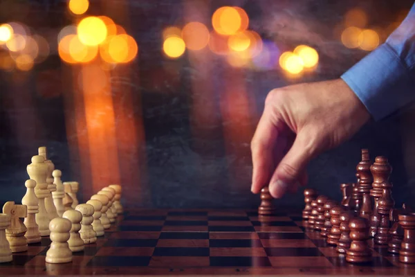 Abstract Image Businessman Hand Moving Chess Figure Chess Board Business — Stock Photo, Image