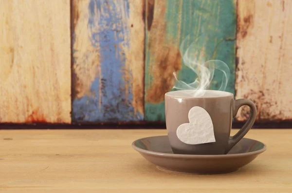 Image Tasse Café Avec Coeur Sur Table Bois — Photo