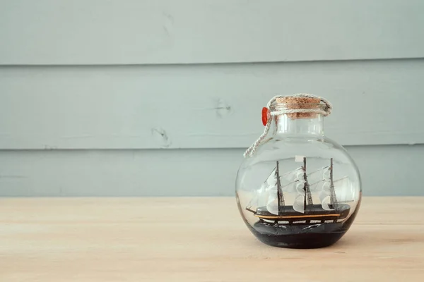 Nautical Concept Image Sail Boat Bottle Wooden Table Selective Focus — Stock Photo, Image