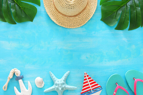 Tropical vacation and summer travel image with sea life style objects. Top view