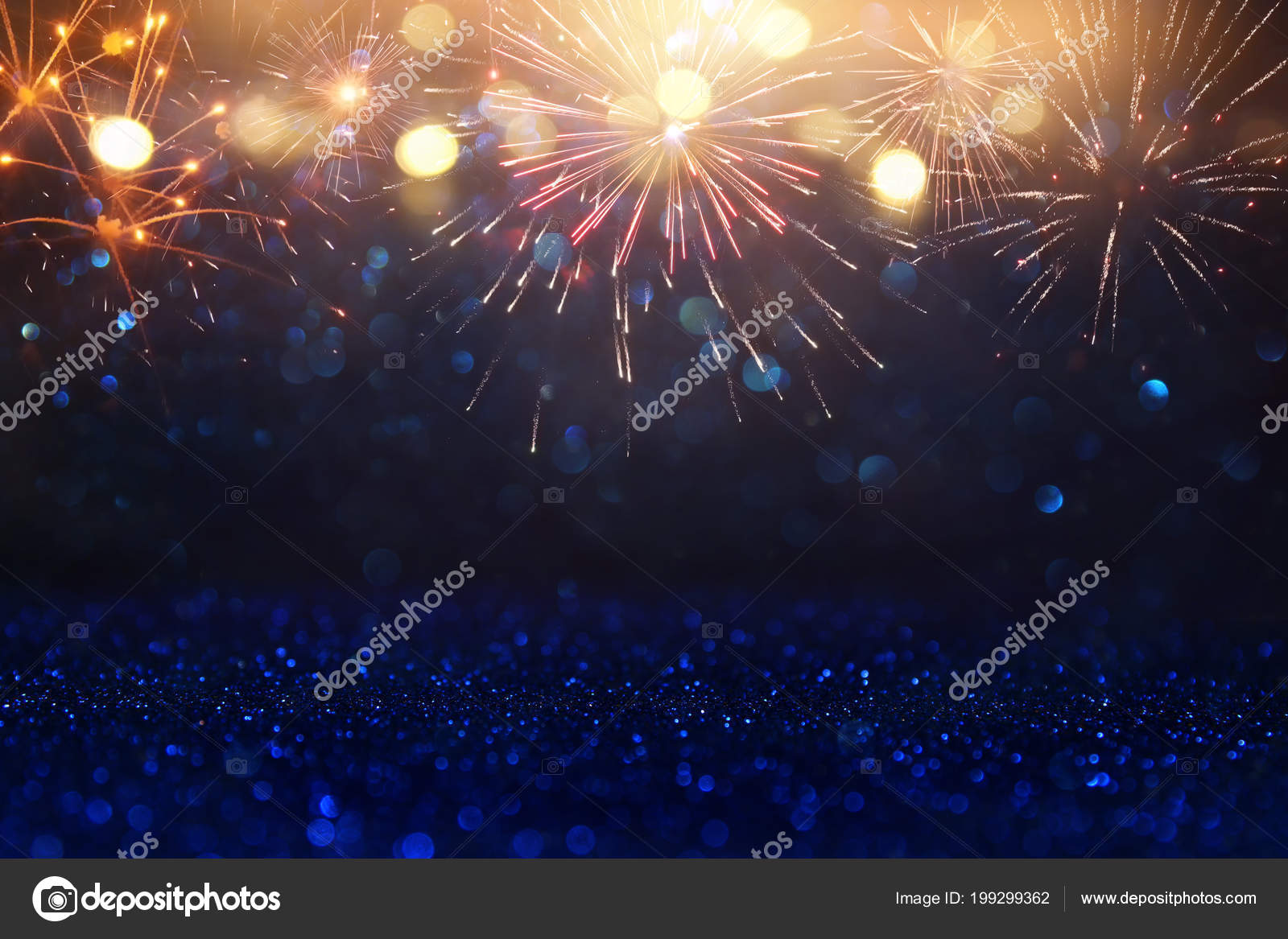 Gold glitter confetti abstract blue background, luxury New Year backdrop  with golden stars. Stock Photo by olenasvechkova