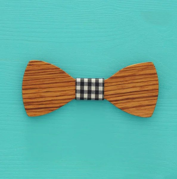 Top View Decorative Wooden Male Bowtie Blue Background — Stock Photo, Image