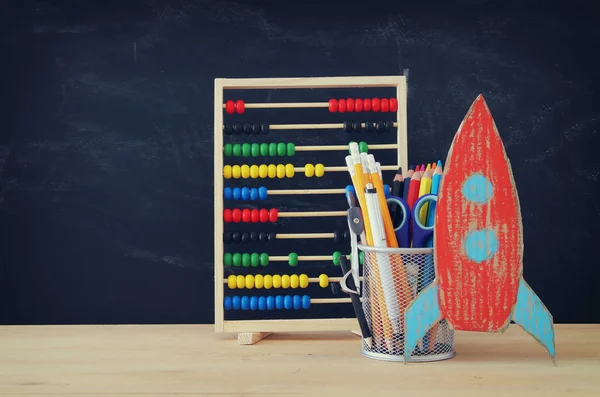 Back School Concept Rocket Pencils Front Classroom Blackboard — Stock Photo, Image